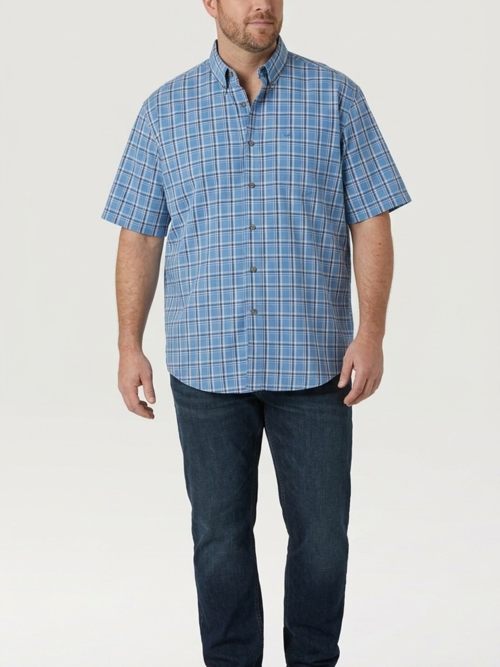 Wrangler Premium Wrinkle Resist Plaid Shirt Mens 2XL Short Sleeve Blue Button Up